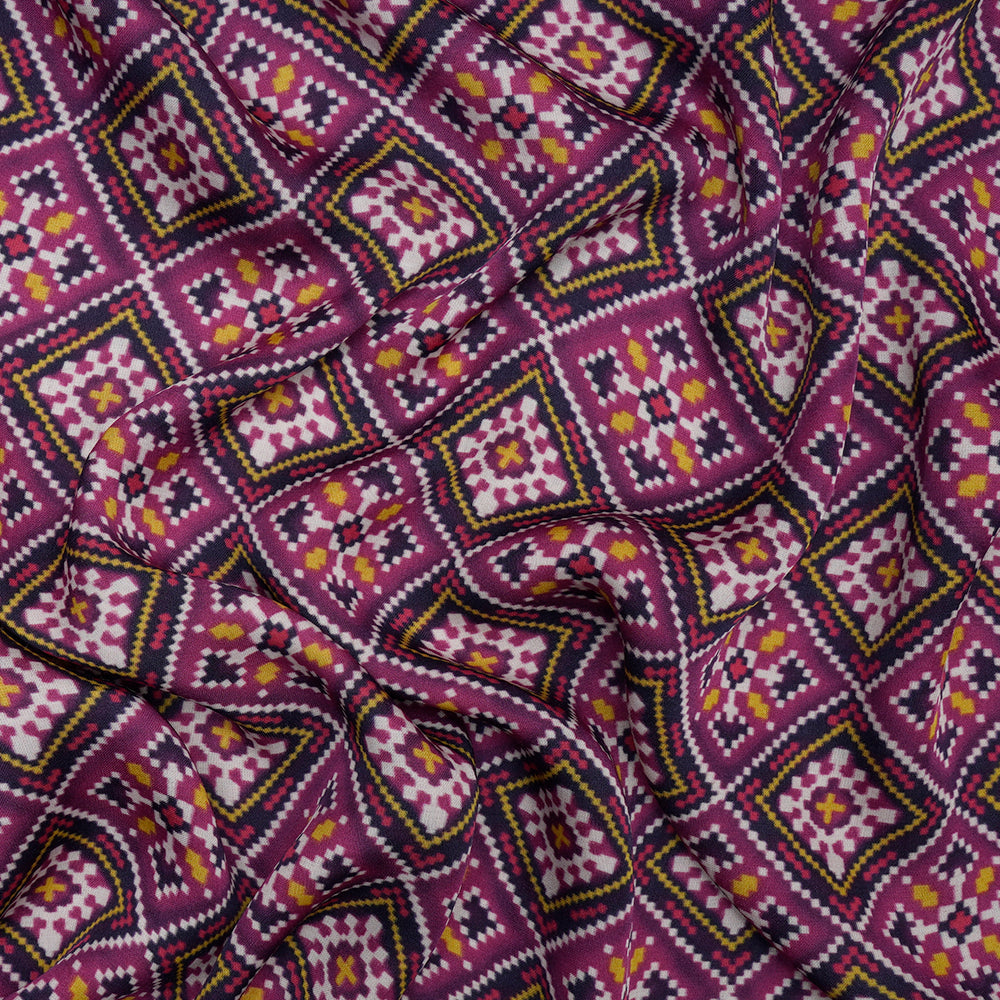 Purple Color Digital Printed Patola Pattern Bemberg Modal Satin Fabric