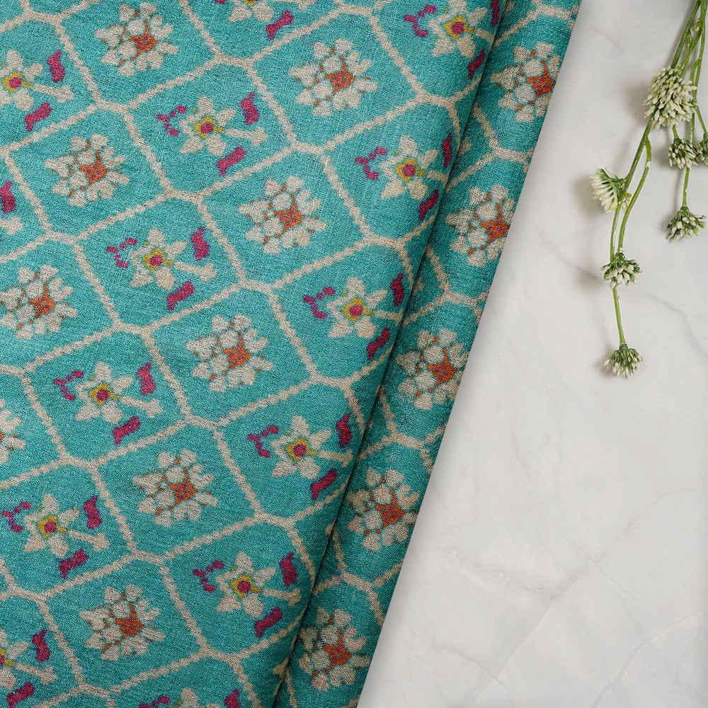 Ocean Blue Color Digital Printed Patola Pattern Tussar Silk Fabric