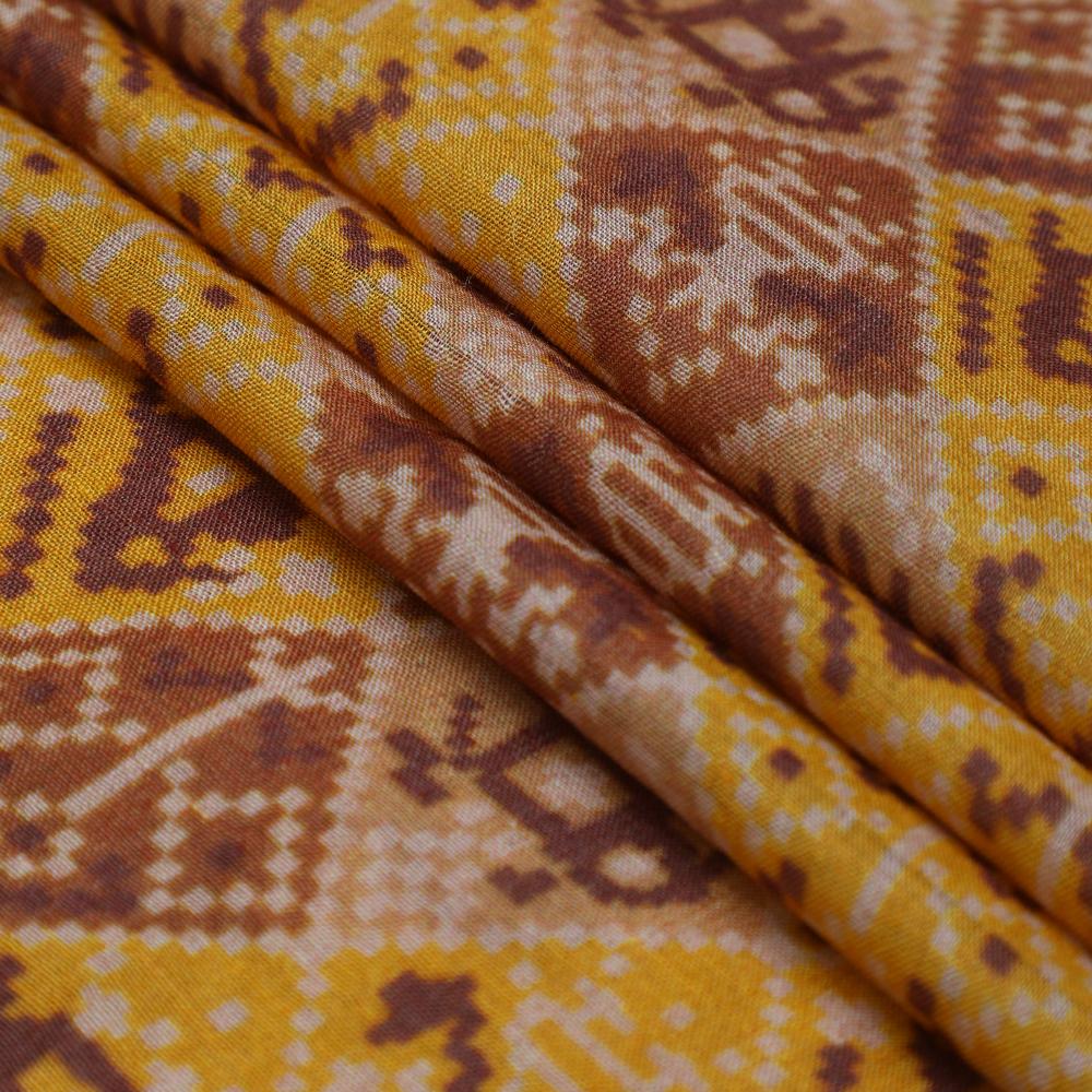 Yellow-Brown Color Digital Printed Muga Silk Fabric