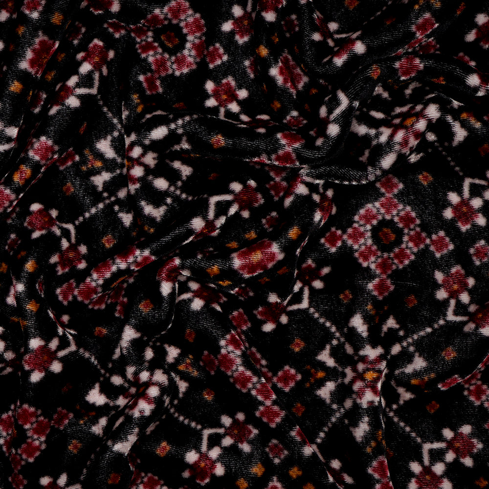 Black Patola Pattern Digital Printed Silk Velvet Fabric