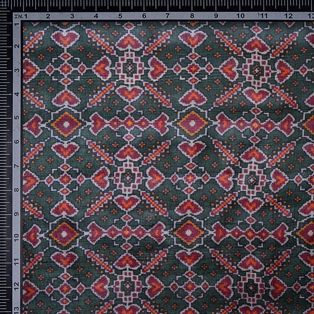 Dark Green Patan Pattern Digital Printed Pure Tussar Fabric