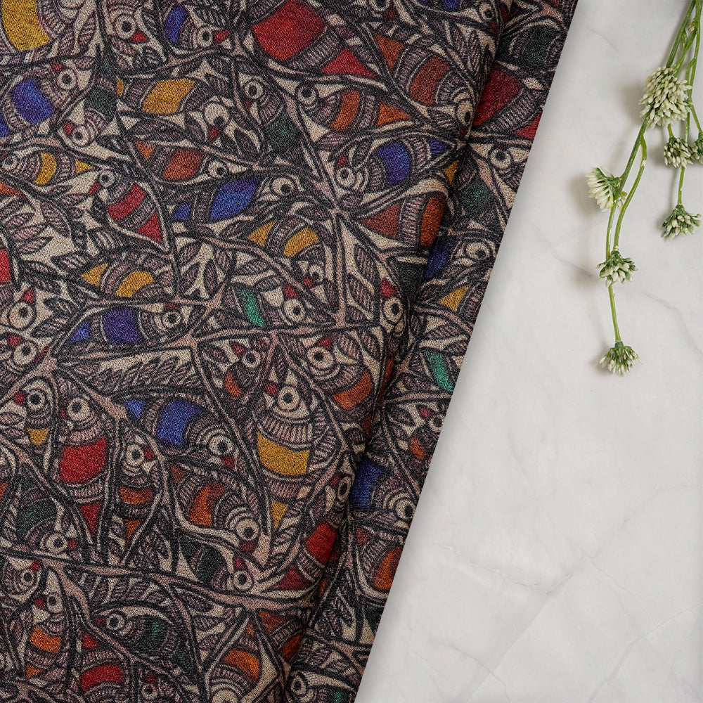 Beige - Red Color Digital Printed Madhubani Pattern Tussar Silk Fabric