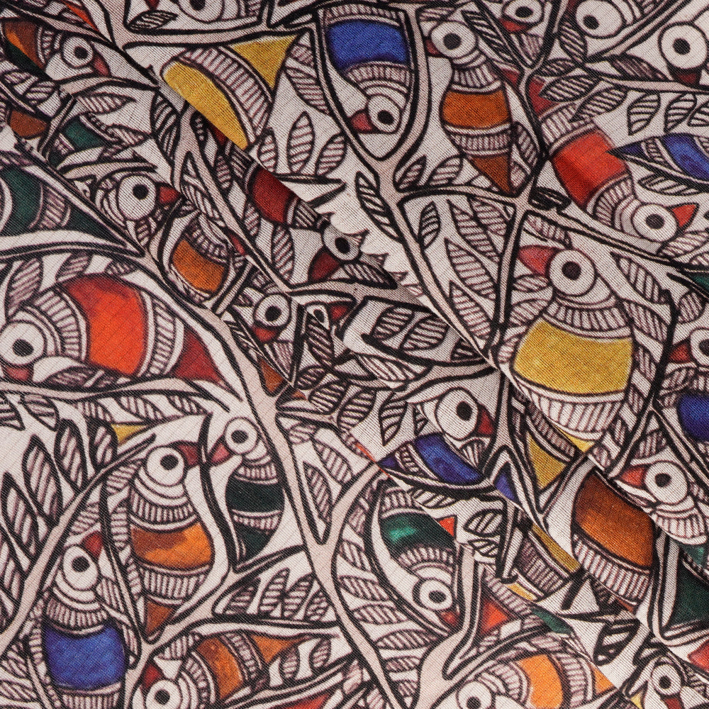 Off White-Emerald Color Digital Printed Madhubani Pattern Maheshwari Silk Fabric