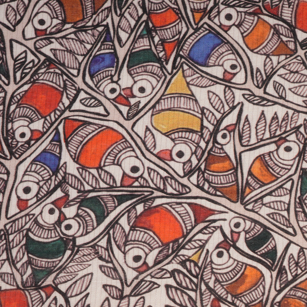 Off White-Emerald Color Digital Printed Madhubani Pattern Maheshwari Silk Fabric