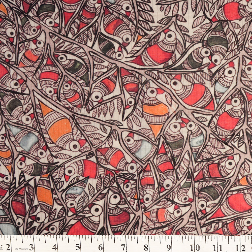 Off White-Pink Color Digital Printed Madhubani Pattern Maheshwari Silk Fabric