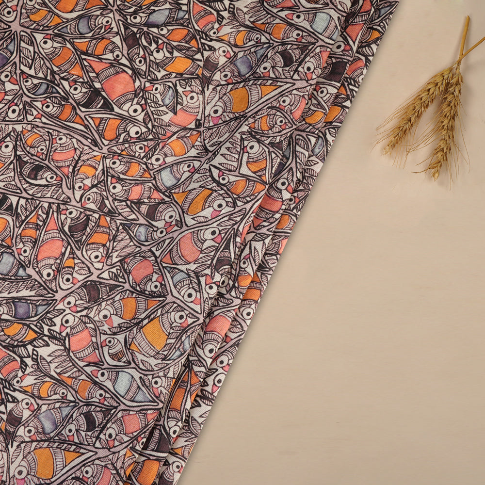 Off White-Mustard Color Digital Printed Pattern Maheshwari Silk Fabric
