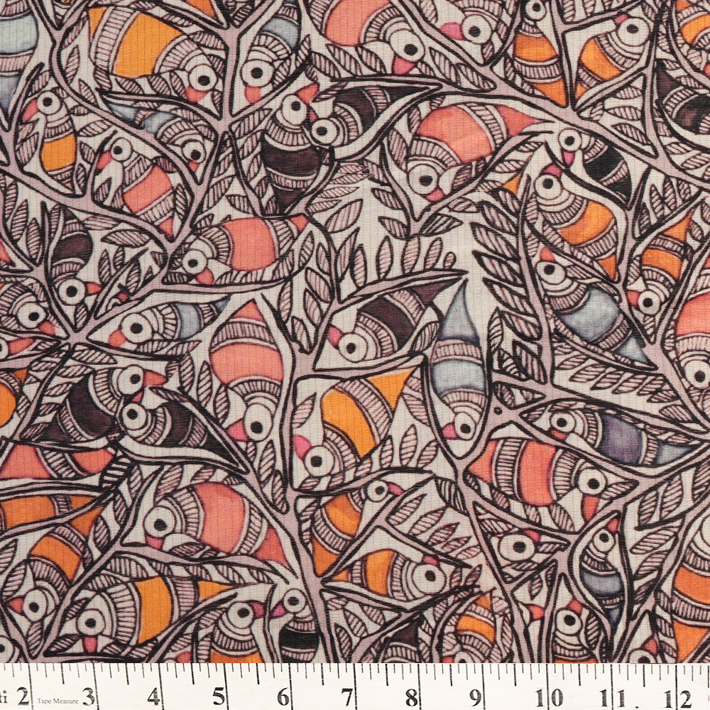 Off White-Mustard Color Digital Printed Pattern Maheshwari Silk Fabric