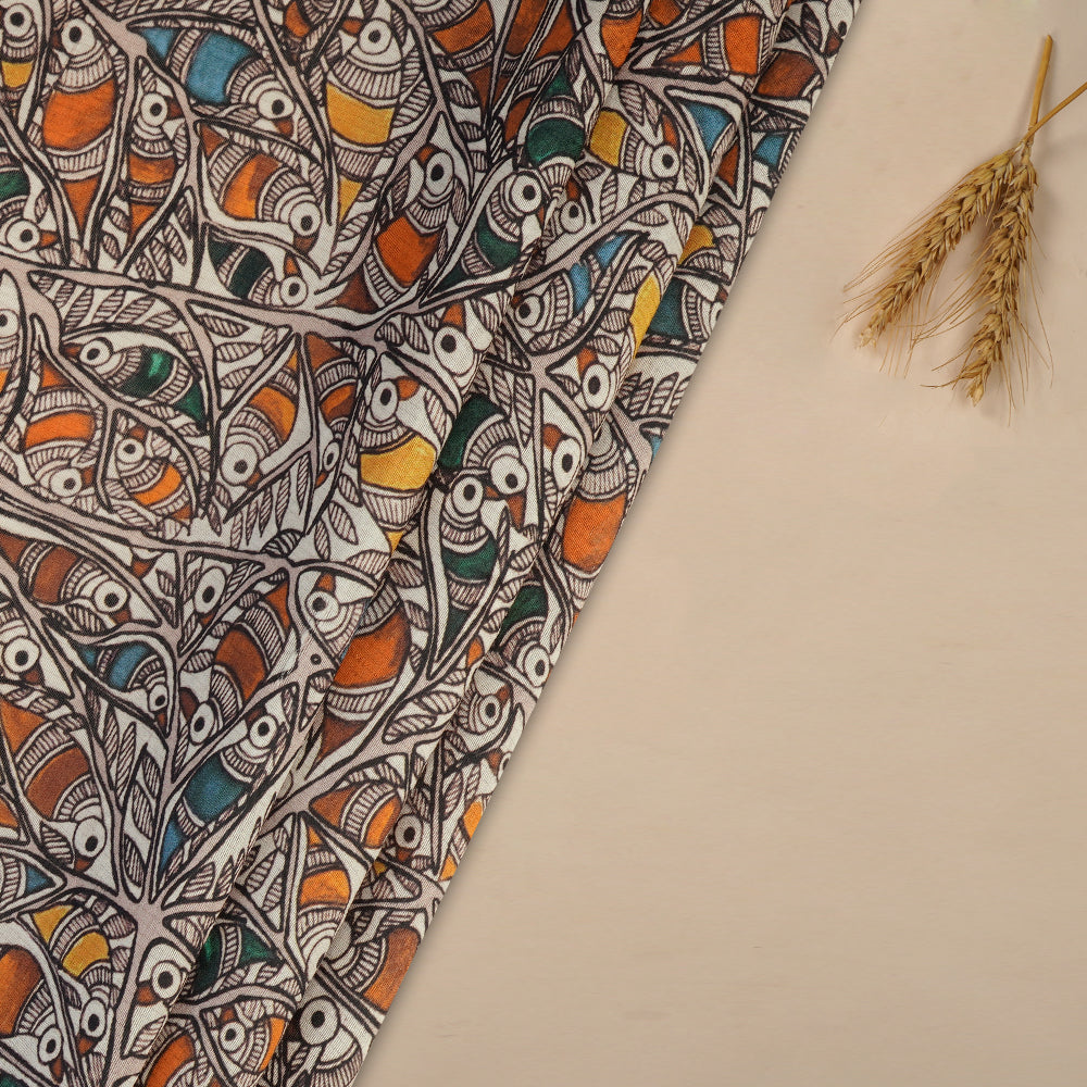 Off White-Orange Color Digital Printed Madhubani Pattern Maheshwari Silk Fabric