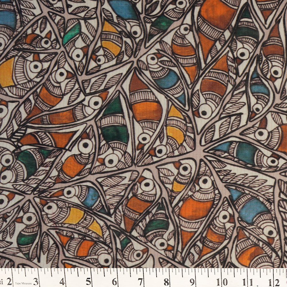 Off White-Orange Color Digital Printed Madhubani Pattern Maheshwari Silk Fabric