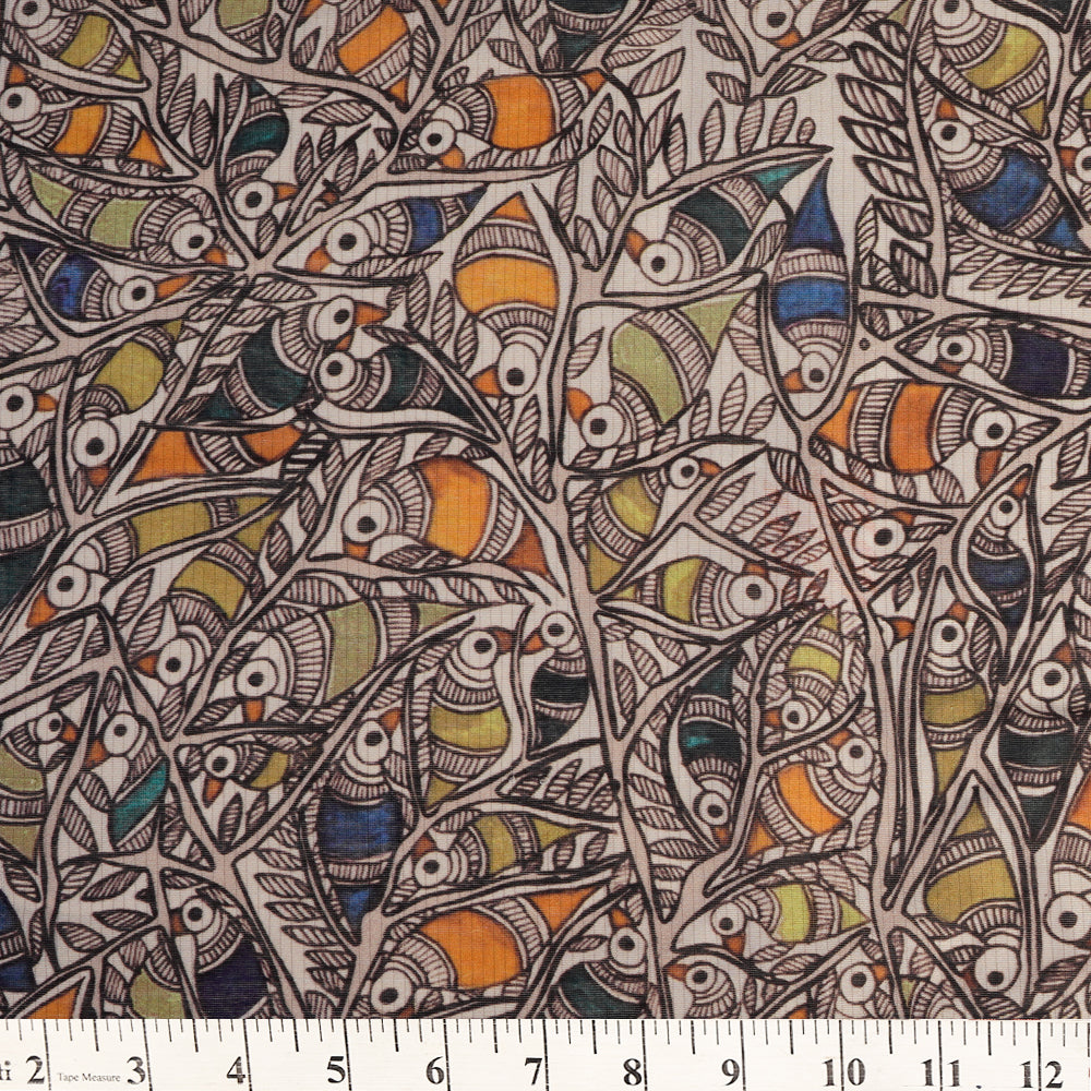 Off White-Tea Green Color Digital Printed Madhubani Pattern Maheshwari Silk Fabric