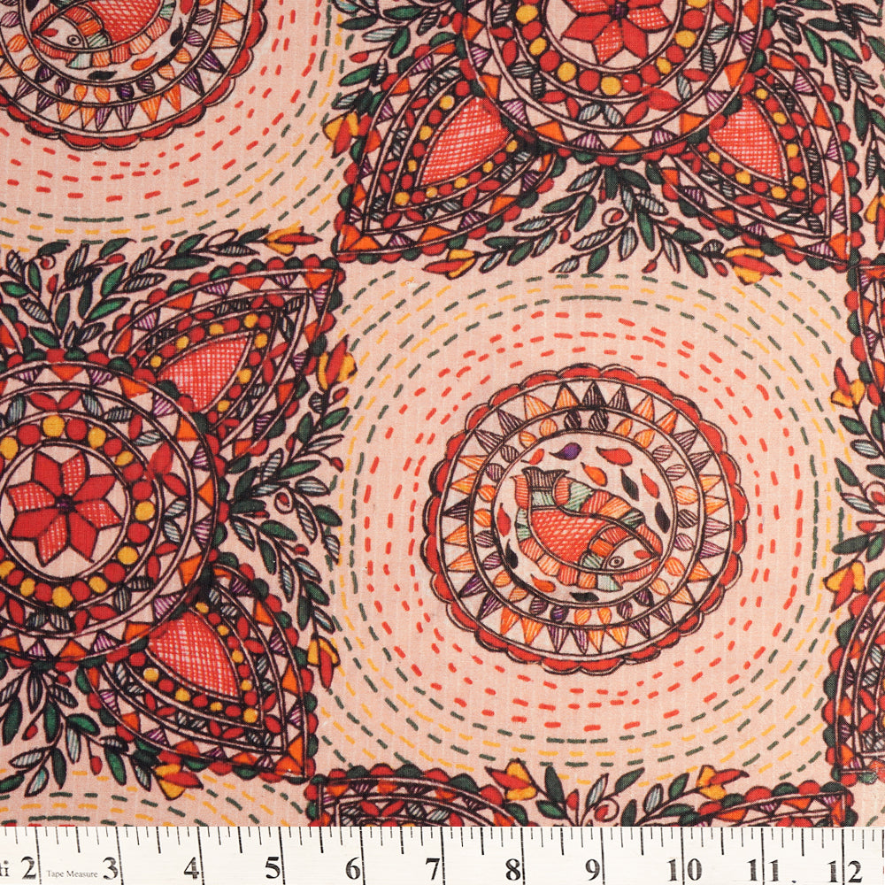 Peach Color Digital Printed Madhubani Pattern Muslin Fabric