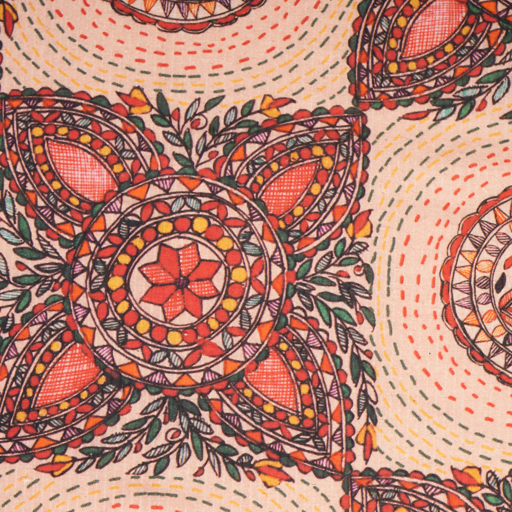 Peach Color Digital Printed Madhubani Pattern Muslin Fabric