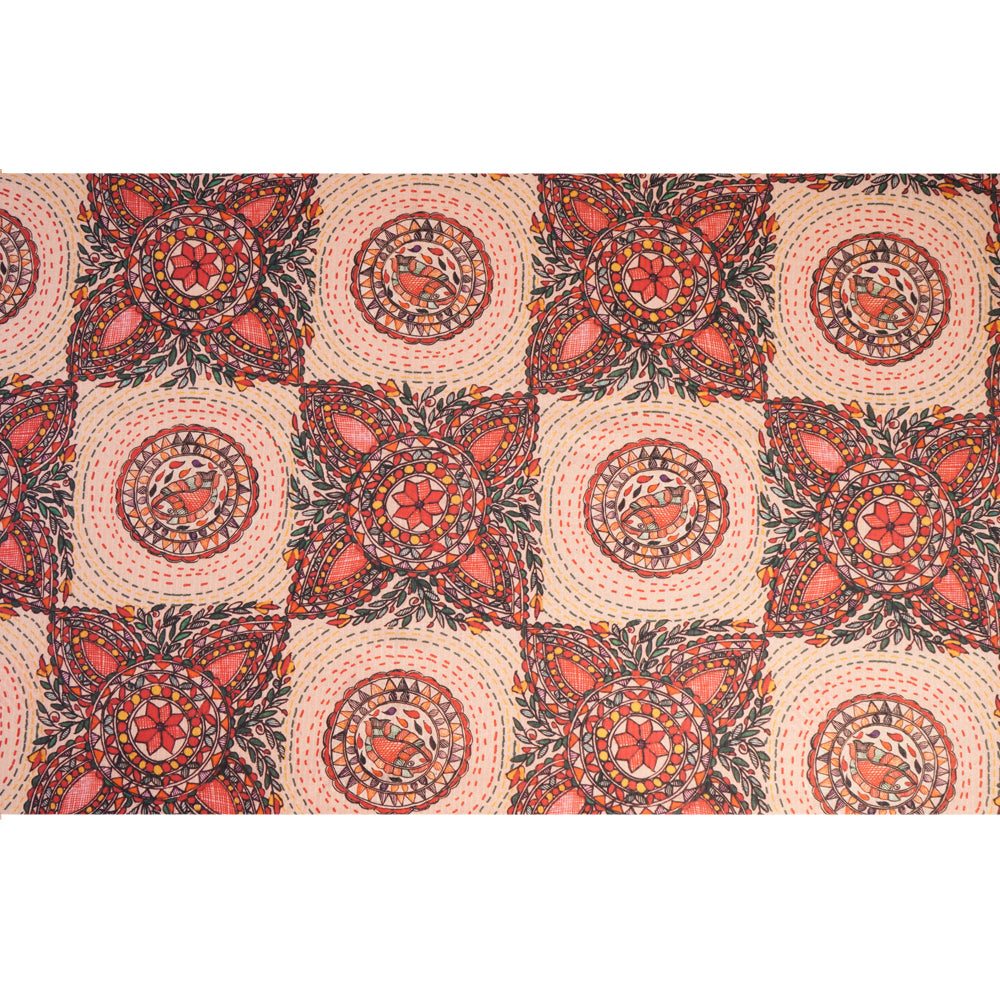 Peach Color Digital Printed Madhubani Pattern Muslin Fabric