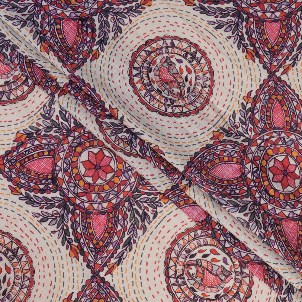 Off White Color Digital Printed Madhubani Pattern Muslin Fabric