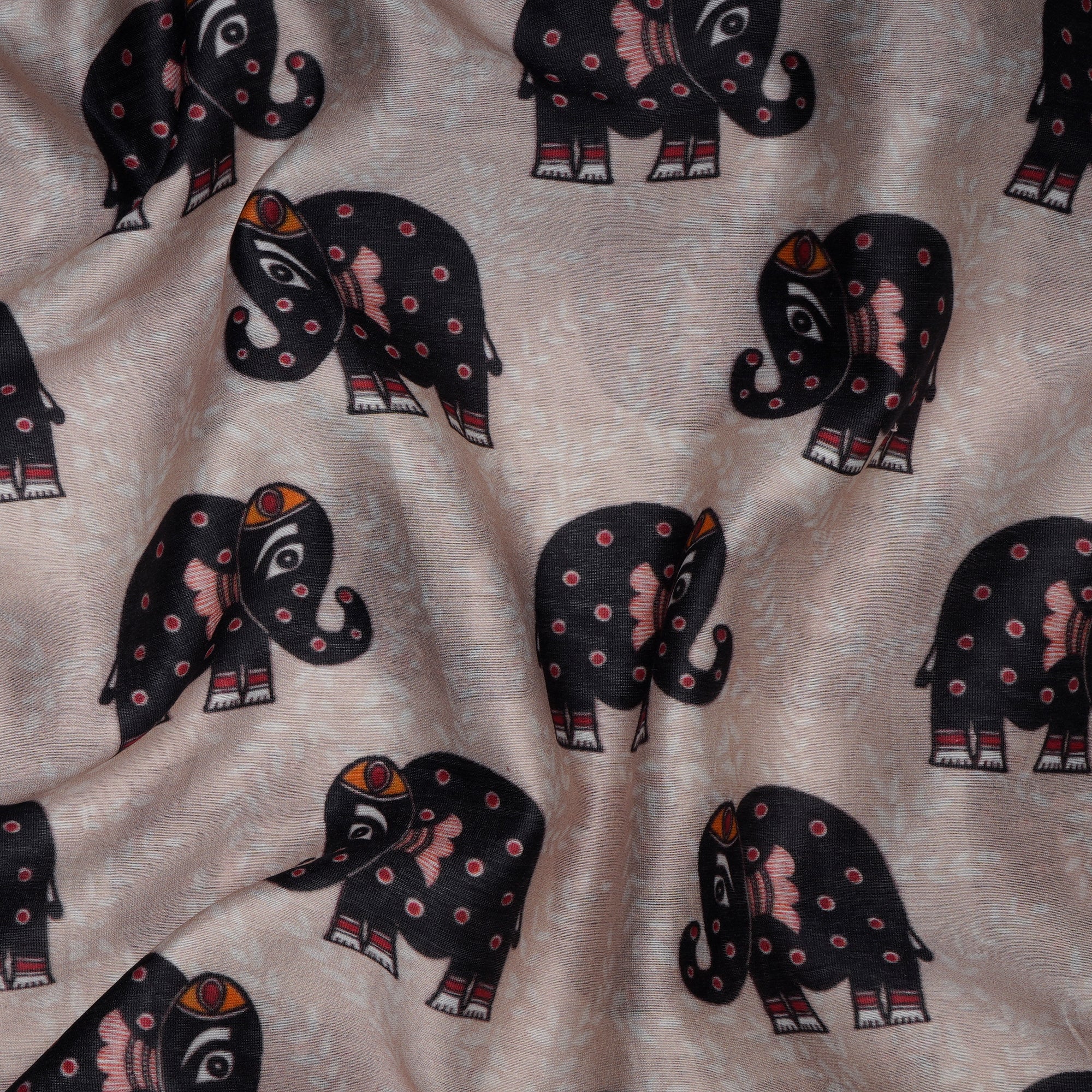 Beige-Black Traditional Pattern Digital Printed Pure Chanderi Fabric