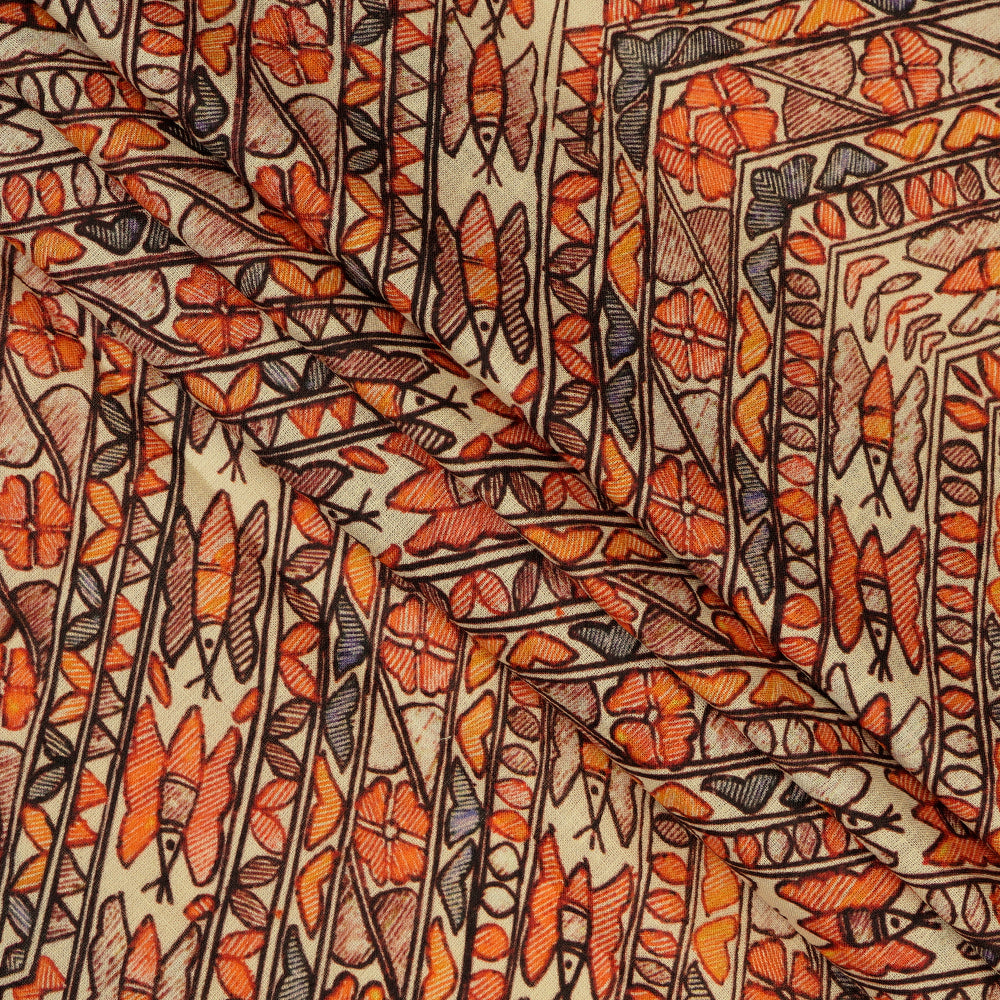 Multi Color Digital Printed Madhubani Pattern Linen Excel Fabric