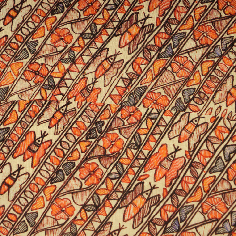 Multi Color Digital Printed Madhubani Pattern Linen Excel Fabric