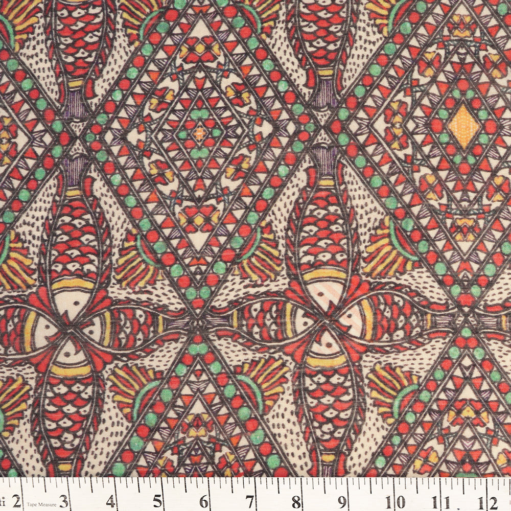 Red Color Digital Printed Madhubani Pattern Muga Silk Fabric