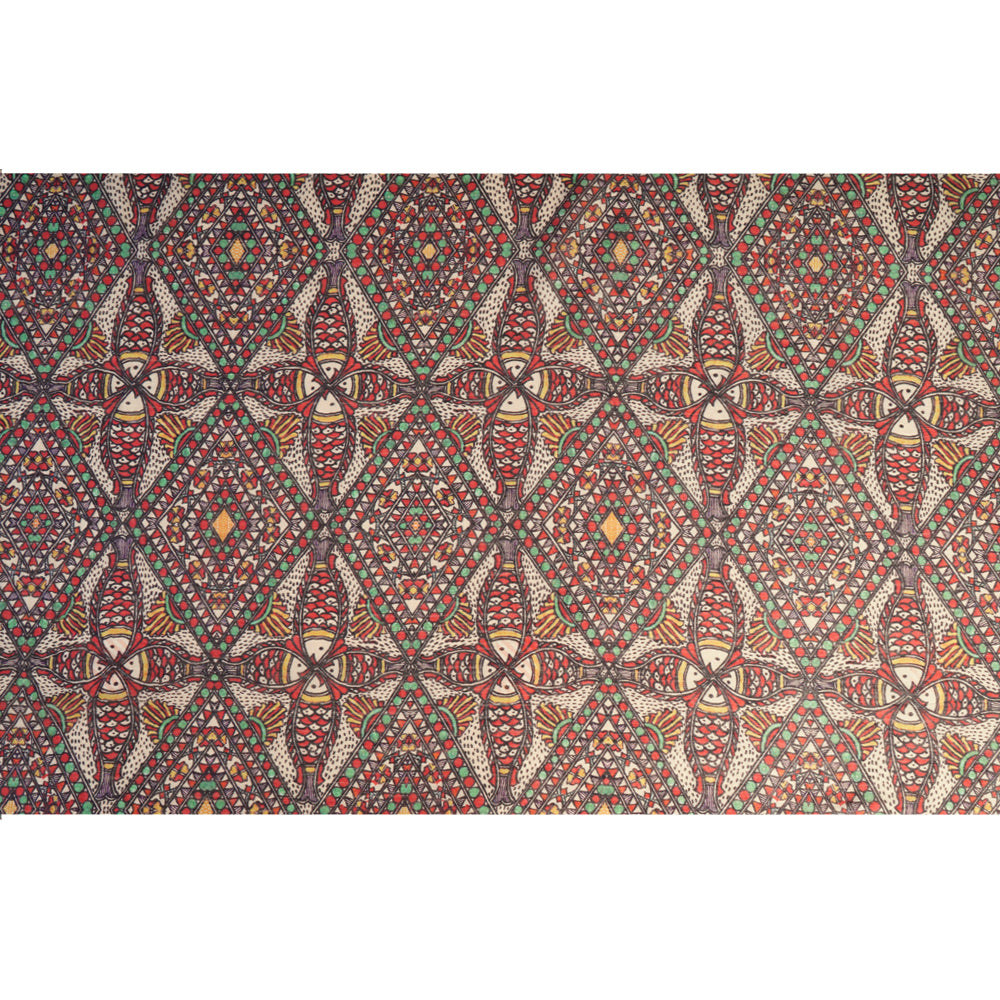 Red Color Digital Printed Madhubani Pattern Muga Silk Fabric