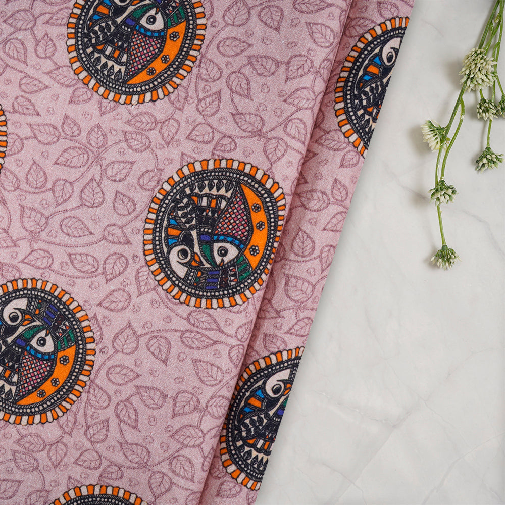 Light Pink Color Digital Printed Madhubani Pattern Muslin Cotton Fabric