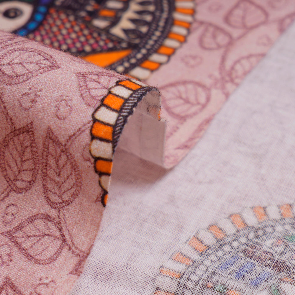 Light Pink Color Digital Printed Madhubani Pattern Muslin Cotton Fabric