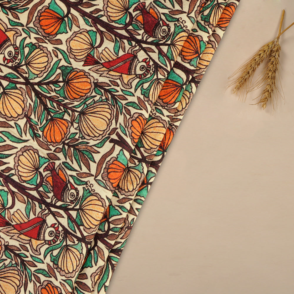 Beige Color Digital Printed Madhubani Pattern Pure Matka Silk Fabric