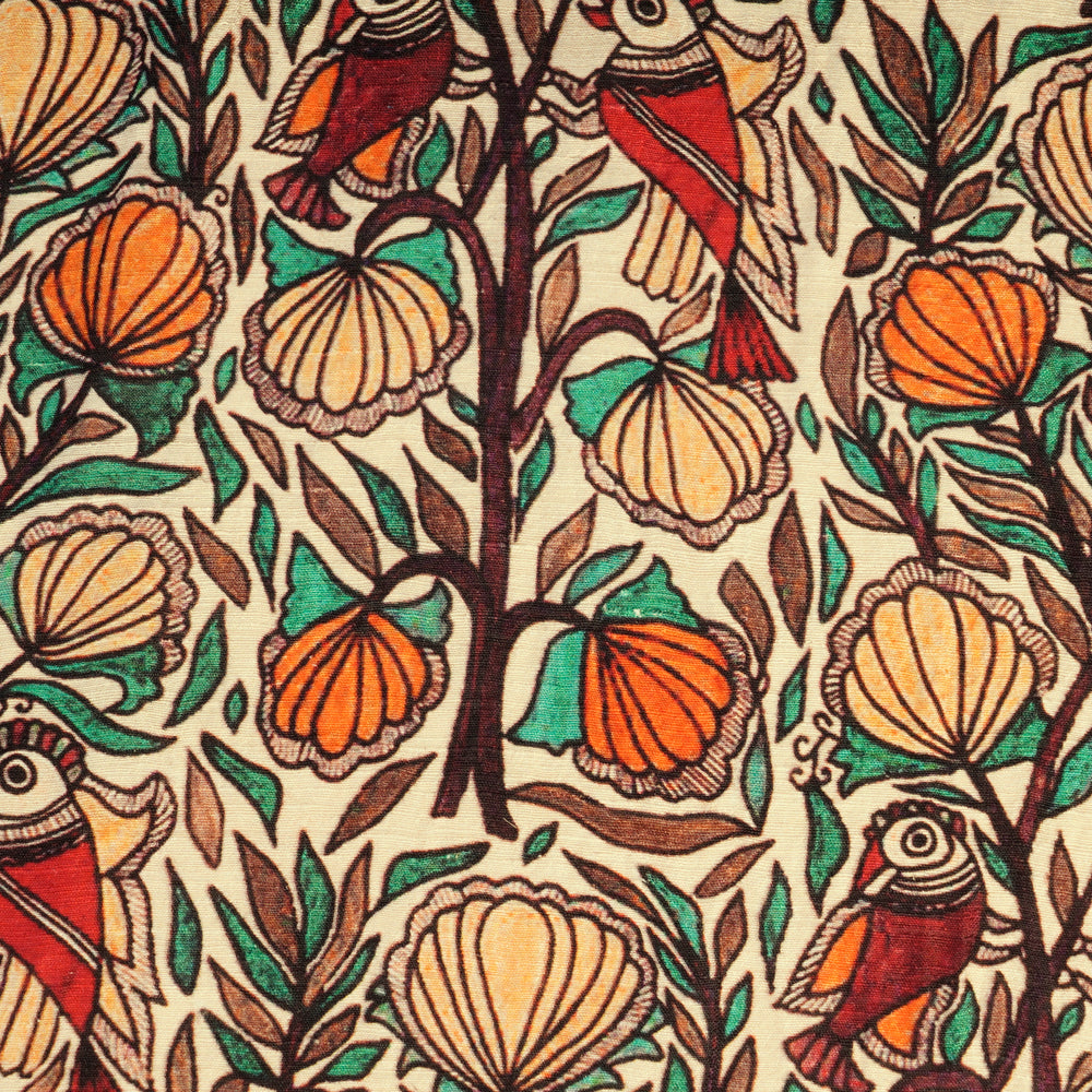Beige Color Digital Printed Madhubani Pattern Pure Matka Silk Fabric