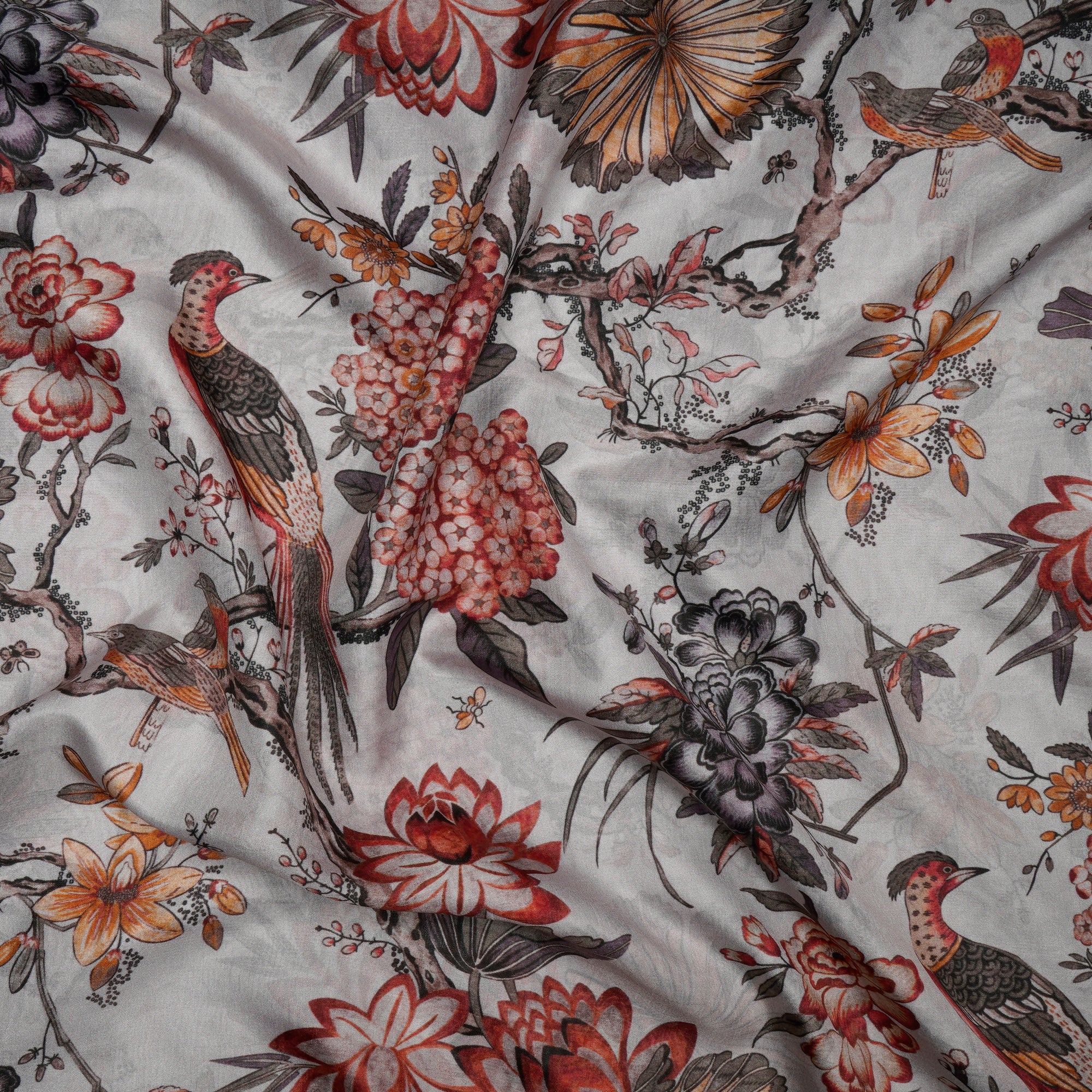 Grey Floral Pattern Digital Print Pure Silk Fabric