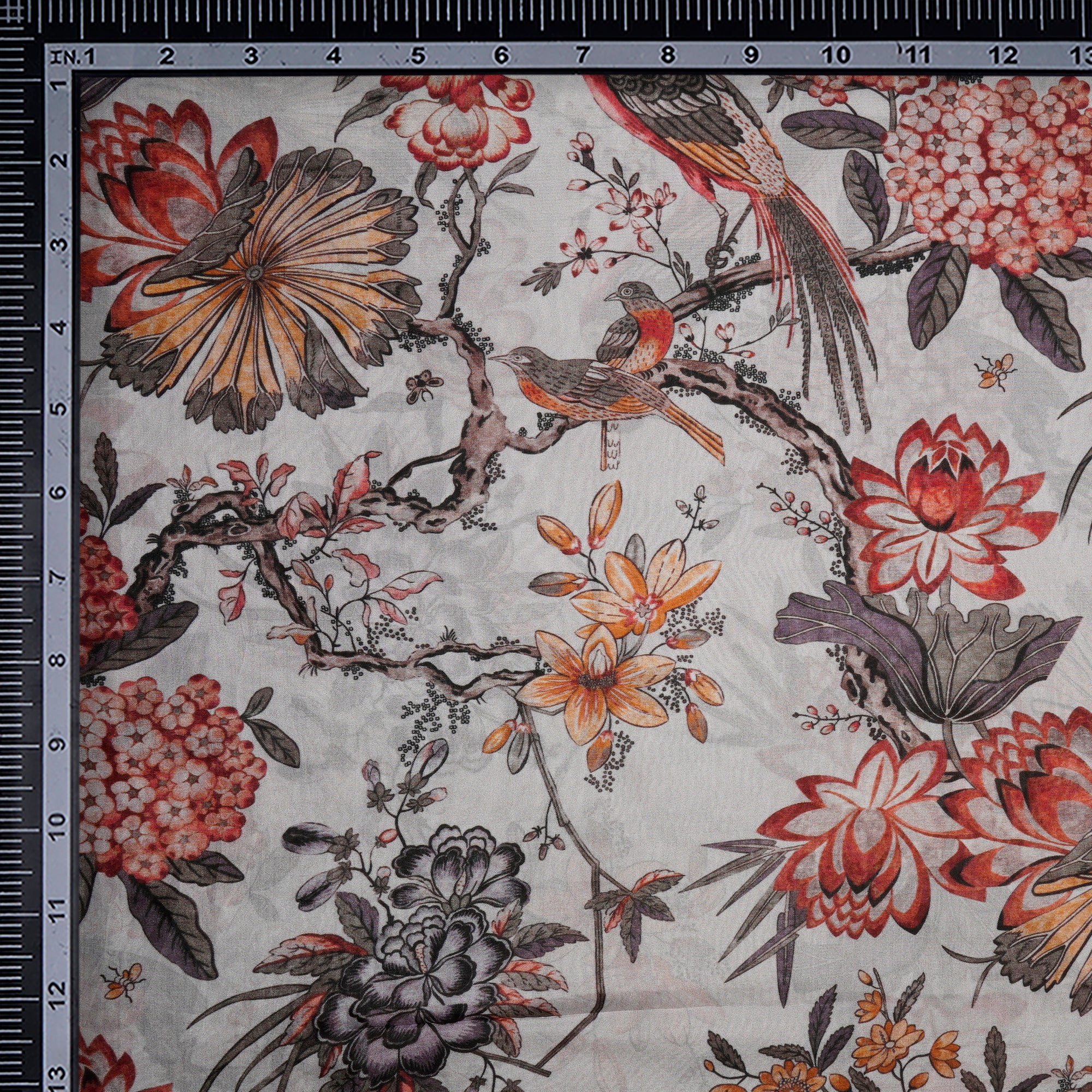 Grey Floral Pattern Digital Print Pure Silk Fabric