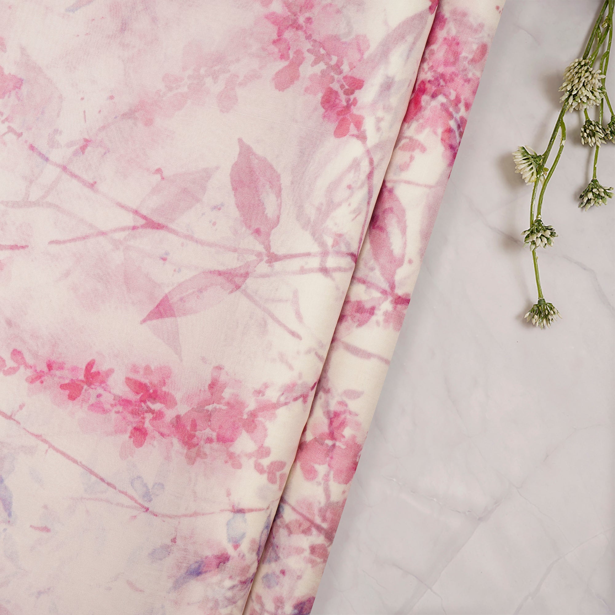 White-Pink Leaf Pattern Digital Printed Organza Silk Fabric