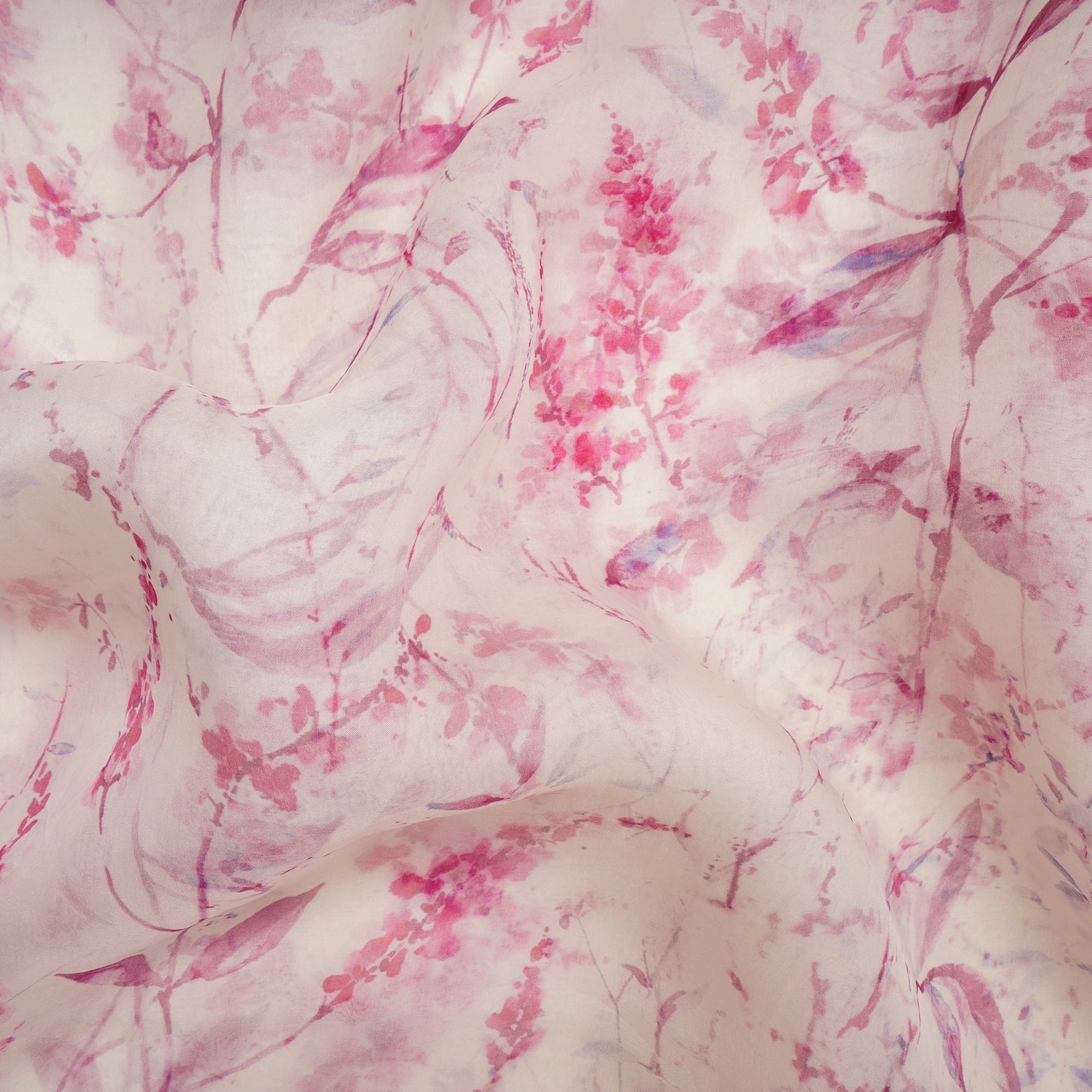 White-Pink Leaf Pattern Digital Printed Organza Silk Fabric