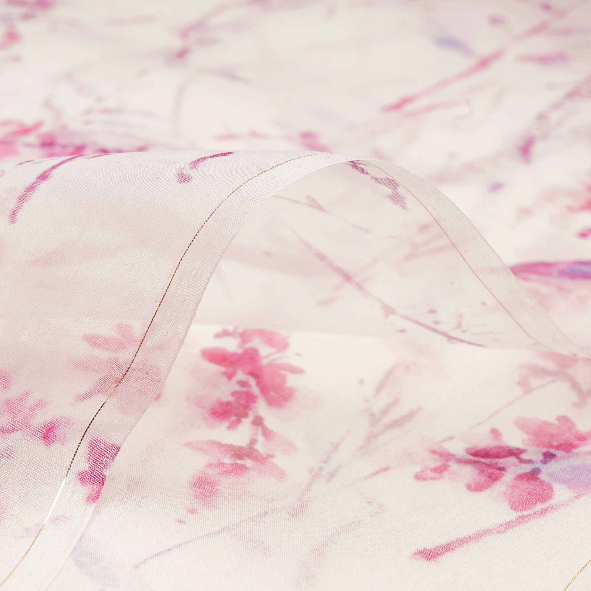 White-Pink Leaf Pattern Digital Printed Organza Silk Fabric