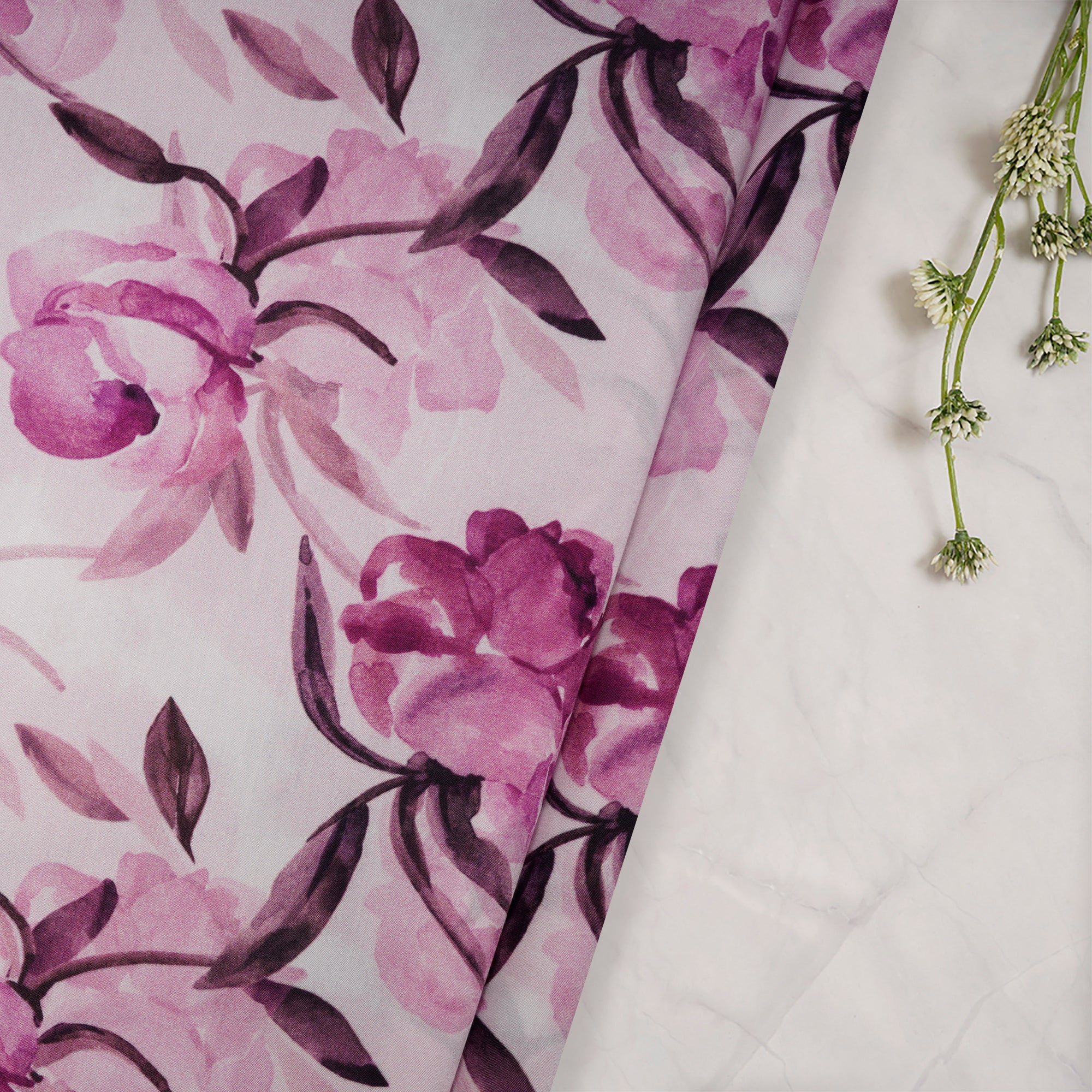 White-Purple Floral Pattern Digital Printed Bemberg Fabric