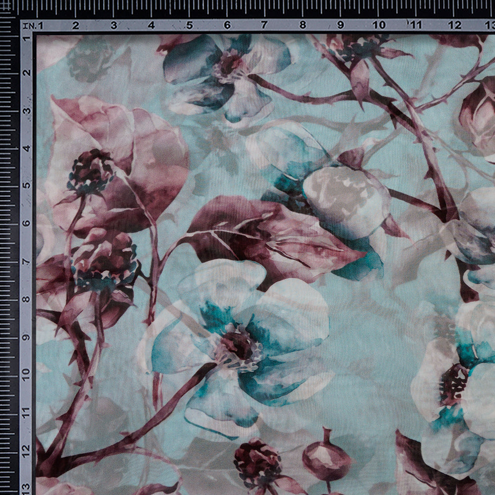 Power Blue Color Digital Printed Viscose Organza Fabric