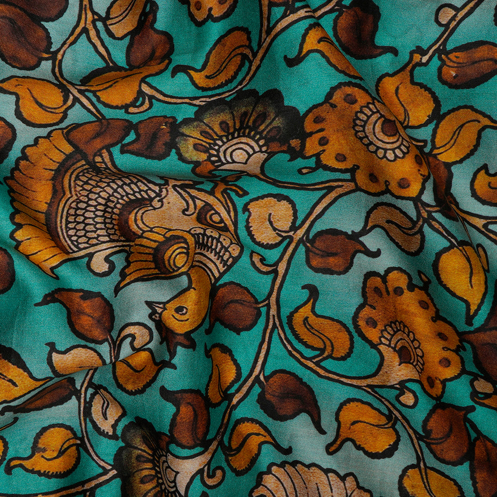 Turquoise Kalamkari Pattern Digital Printed Pure Chanderi Fabric