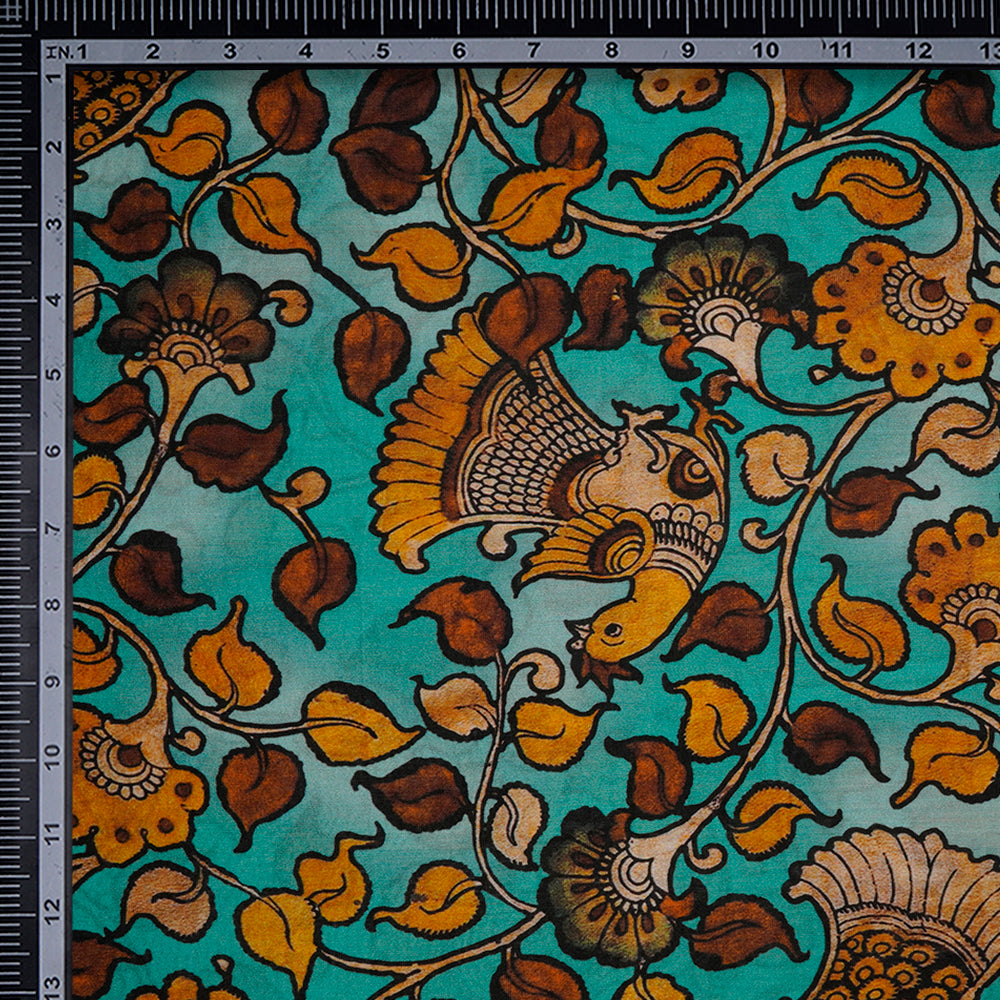 Turquoise Kalamkari Pattern Digital Printed Pure Chanderi Fabric