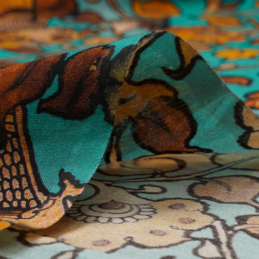 Turquoise Kalamkari Pattern Digital Printed Pure Chanderi Fabric