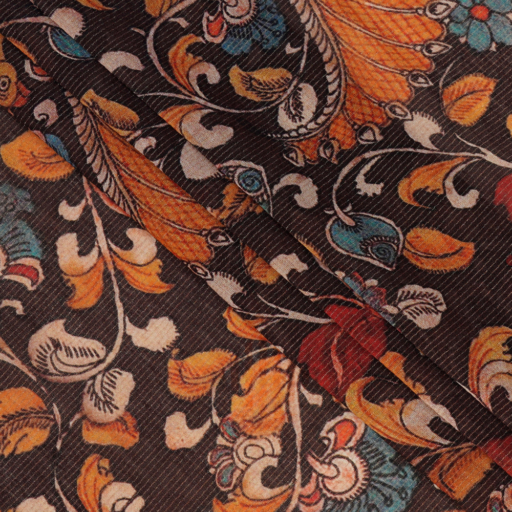 Dark Brown Color Digital Printed Kalamkari Pattern Fancy Chanderi Fabric
