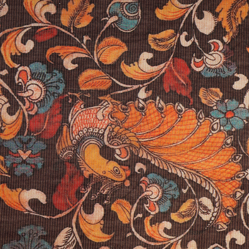 Dark Brown Color Digital Printed Kalamkari Pattern Fancy Chanderi Fabric