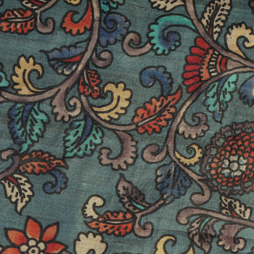 Grey Color Digital Printed Kalamkari Pattern Pure Tussar Silk Fabric
