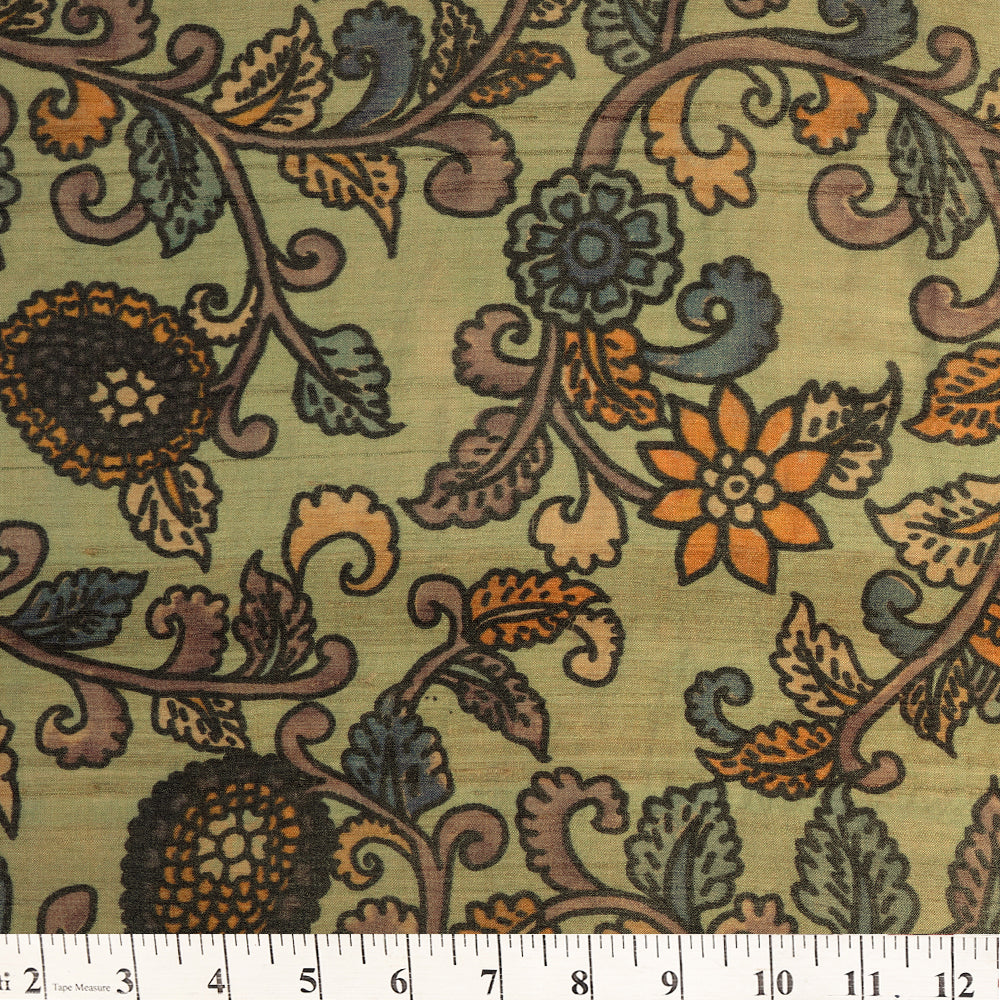 Moss Green Color Digital Printed Madhubani Pattern Pure Tussar Silk Fabric