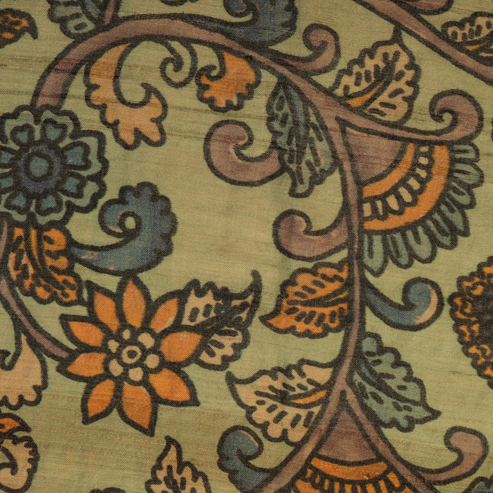 Moss Green Color Digital Printed Madhubani Pattern Pure Tussar Silk Fabric