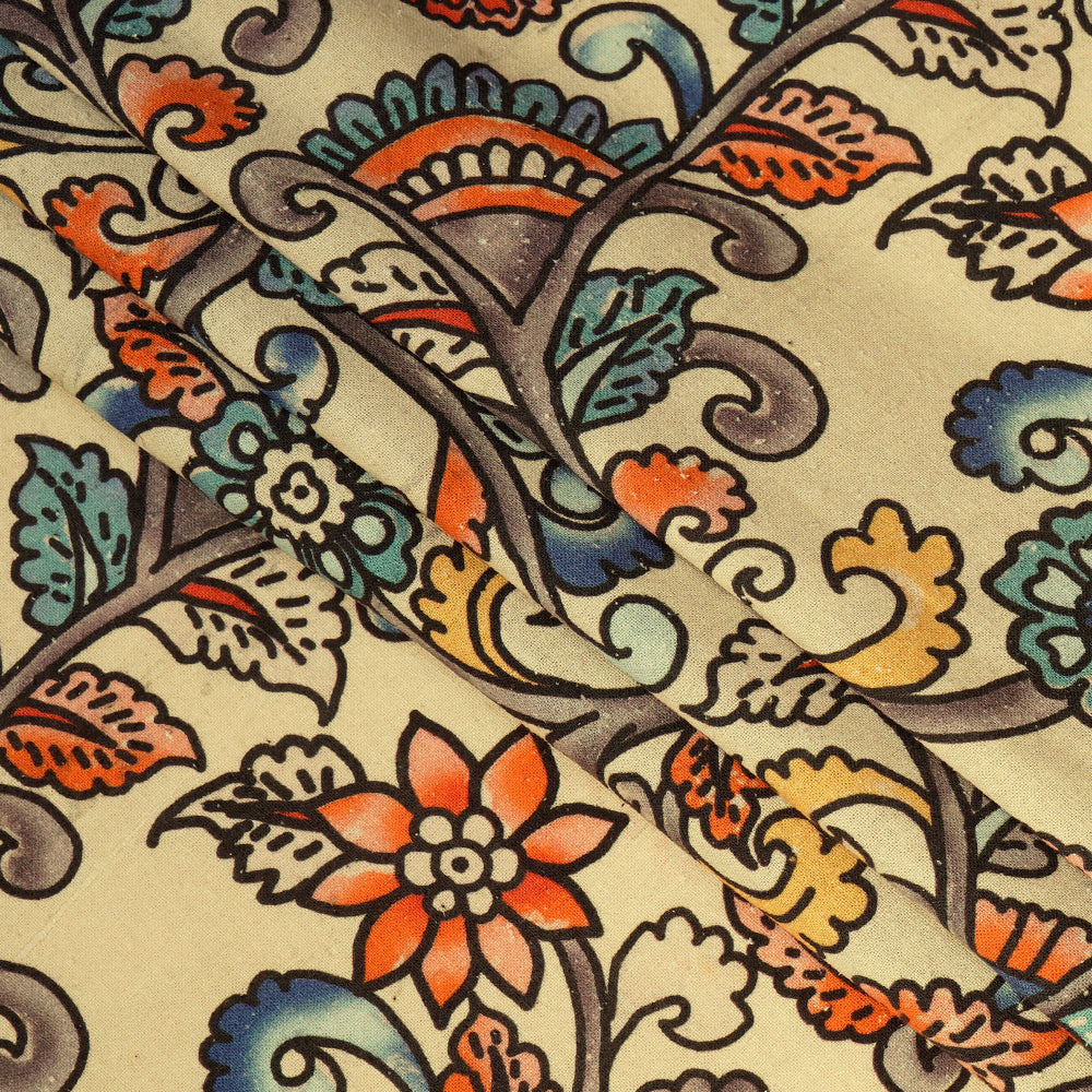Cream Color Digital Printed Kalamkari Pattern Matka Silk Fabric
