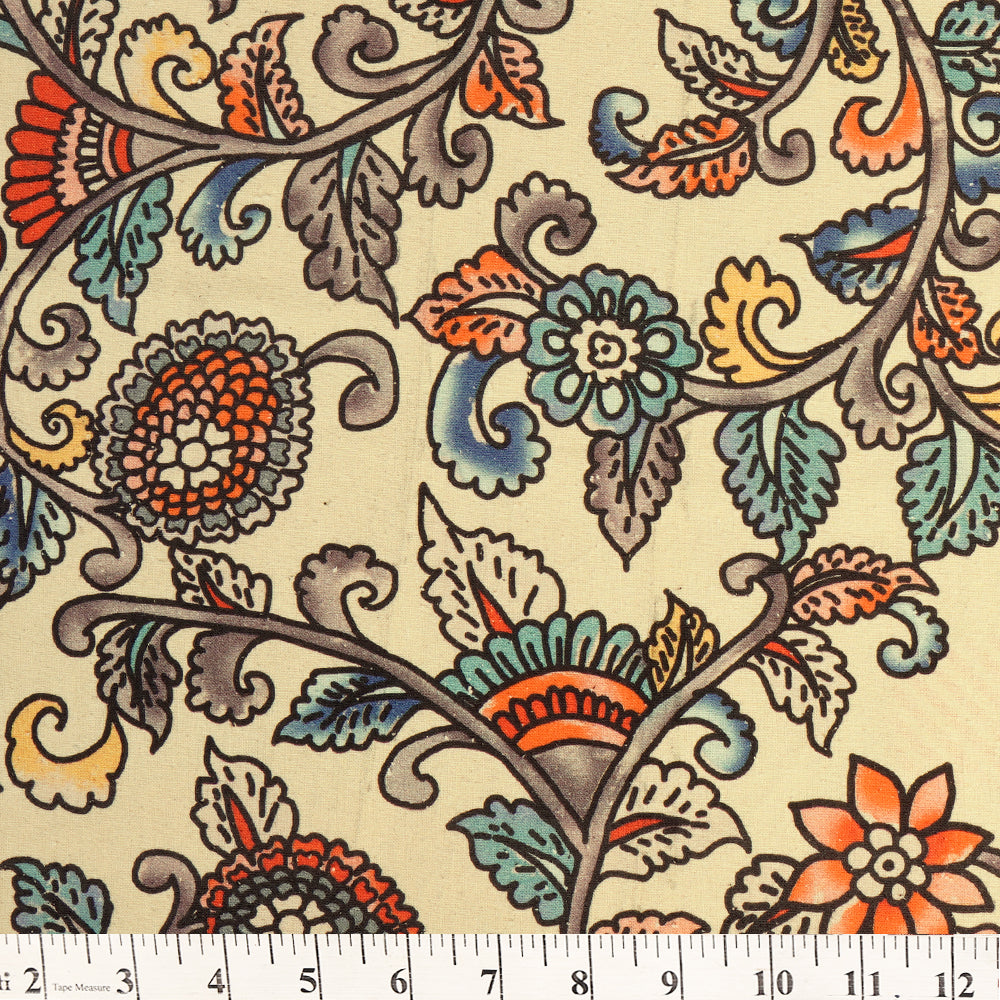 Cream Color Digital Printed Kalamkari Pattern Matka Silk Fabric