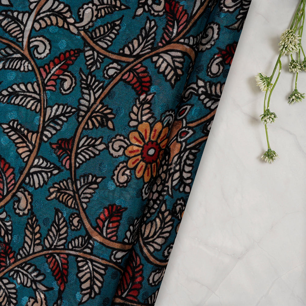 Teal Color Digital Printed Kalamkari Pattern Bemberg Crepe Jacquard Fabric