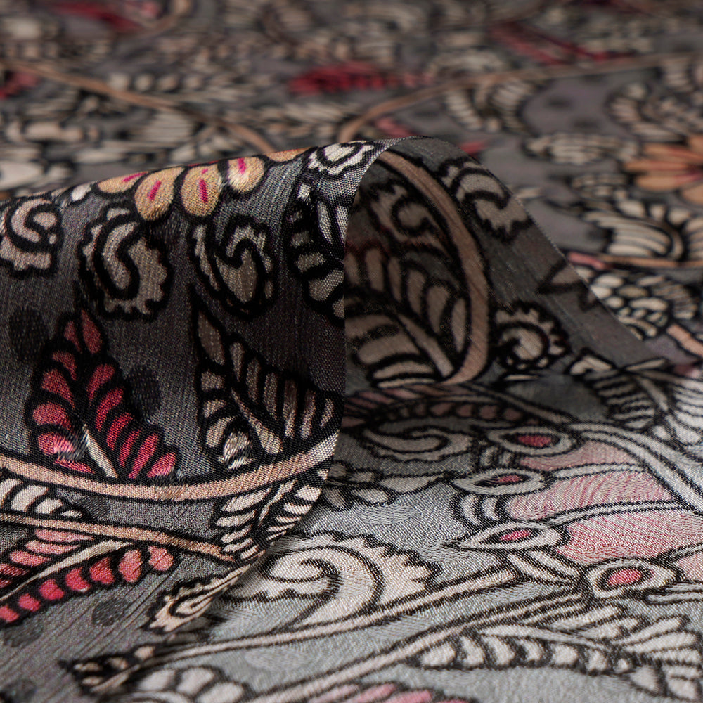 Grey Color Digital Printed Kalamkari Pattern Bemberg Crepe Jacquard Fabric