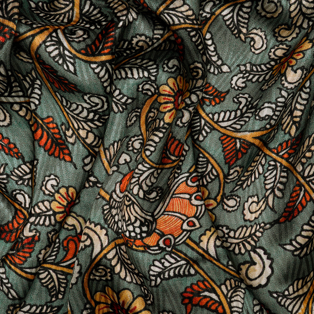 Green Color Digital Printed Kalamkari Pattern Bemberg Crepe Jacquard Fabric