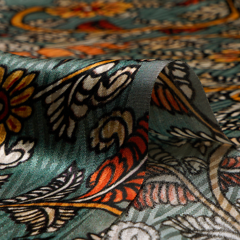 Green Color Digital Printed Kalamkari Pattern Bemberg Crepe Jacquard Fabric