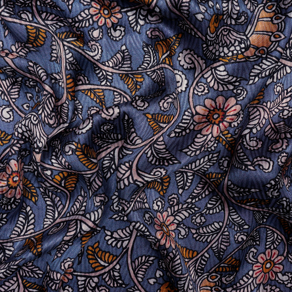 Steel Blue Color Digital Printed Kalamkari Pattern Bemberg Crepe Jacquard Fabric