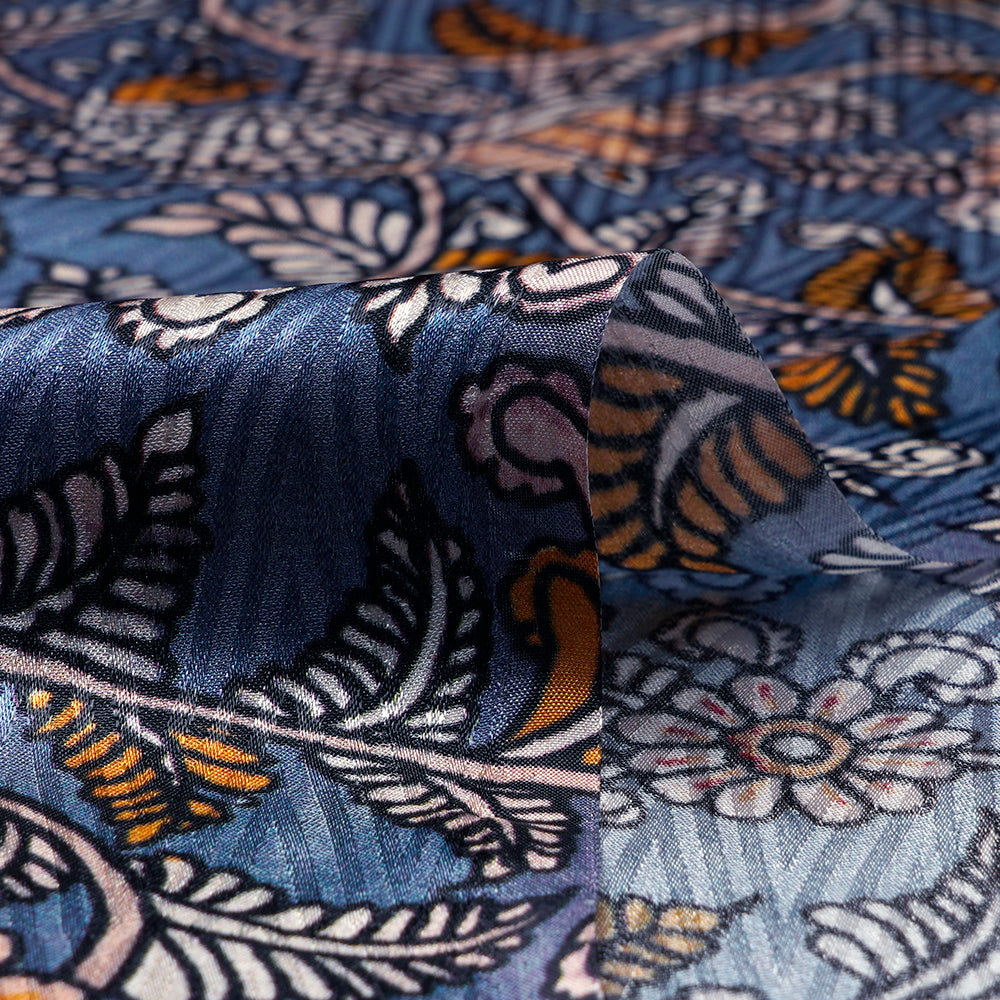 Steel Blue Color Digital Printed Kalamkari Pattern Bemberg Crepe Jacquard Fabric